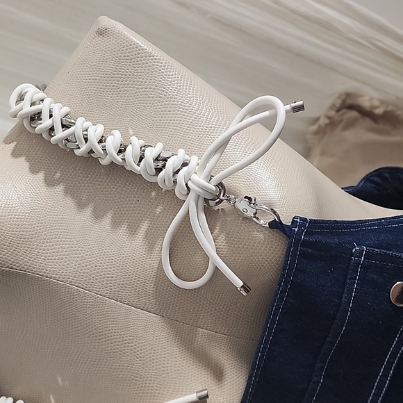 RARE DARK BLUE BOW DENIM JEAN DRESS W SILVER CHAINS MINI DRESS HEART FLOWER BOW - Picture 3 of 8